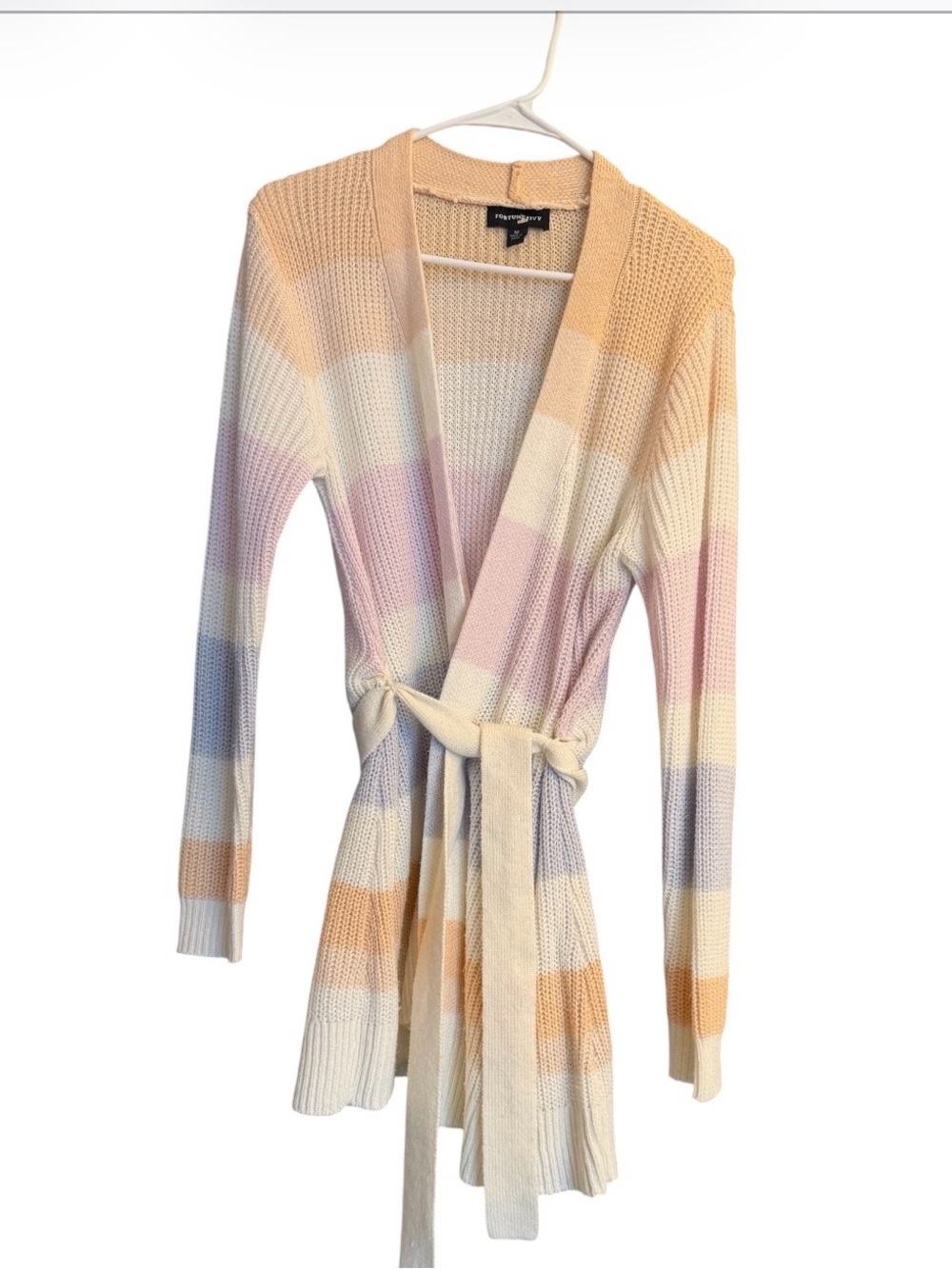 Fortune & Ivy Pastel Striped Knit Wrap Cardigan - Cream/Pink/Blue EUC